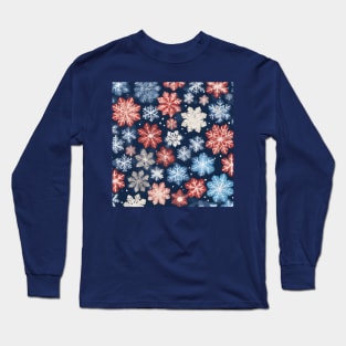 Blue and Red Chiyogami Snowflakes Winter Pattern Long Sleeve T-Shirt